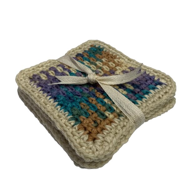 Mug Rugs Coasters Handmade Crochet Square Beige Tan Teal Vinyl Back Set of 4 - Picture 2 of 11